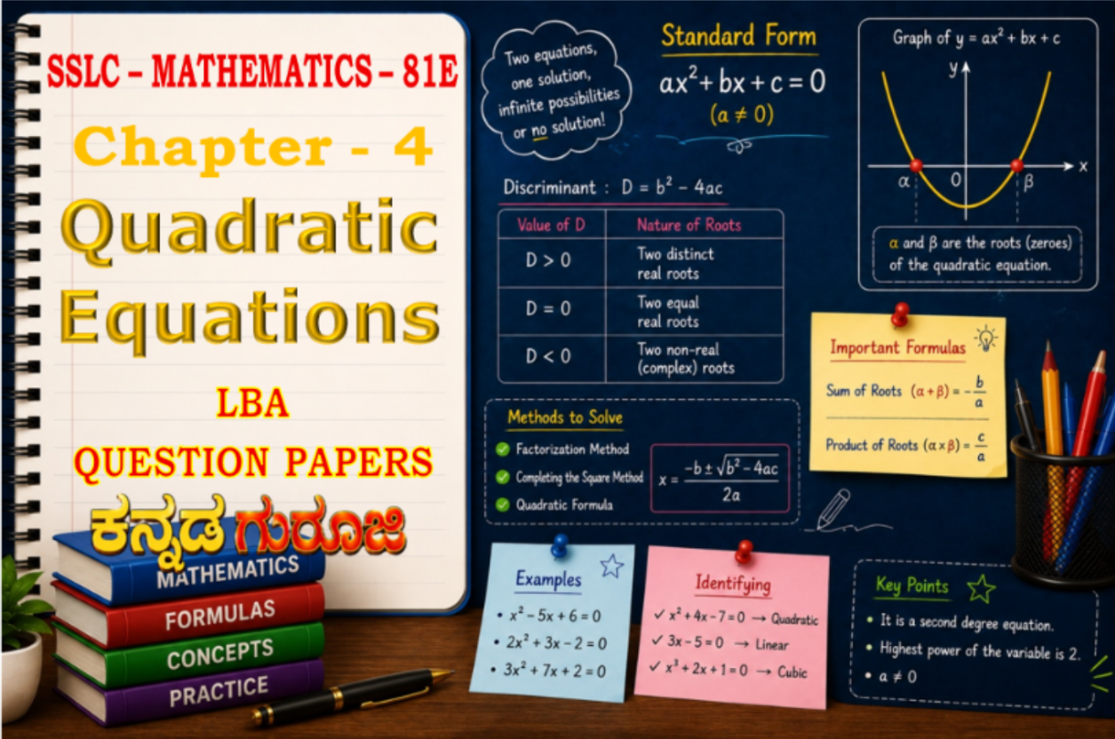 Karnataka SSLC Mathematics Chapter 4 | Quadratic Equations | LBA Question Papers 2026 (Version A, B, C & D)